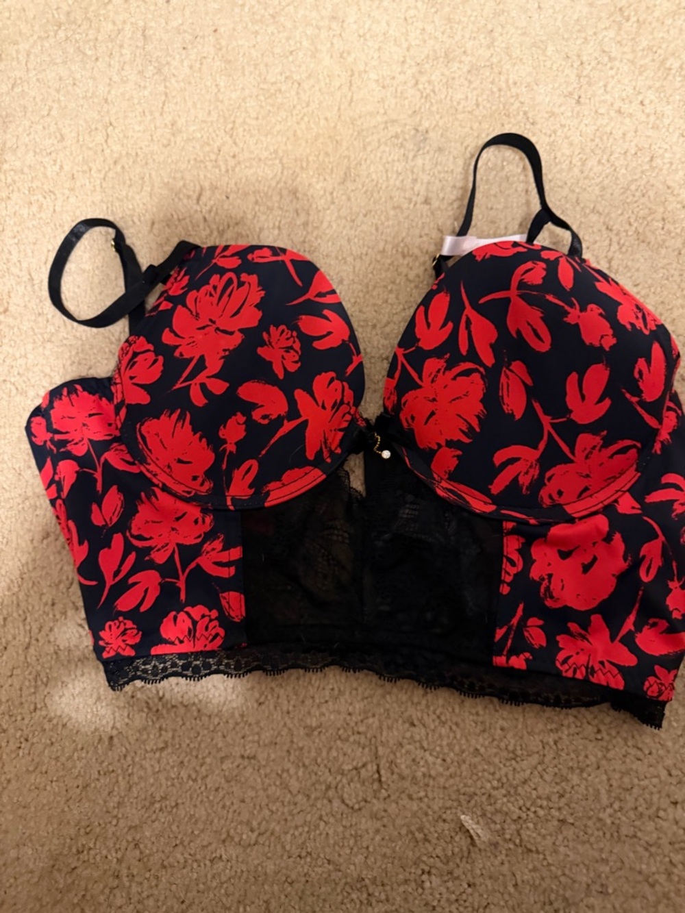 Cacique Black Longline Bra with Red Floral Print